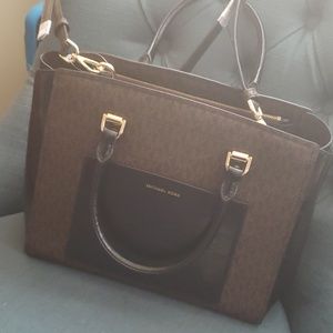 Brown and black patten leather MK bag